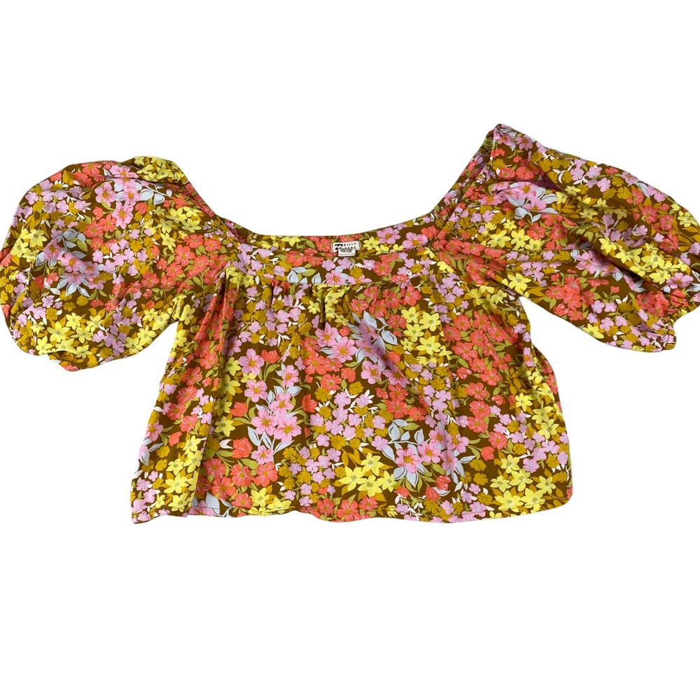 Billabong Womens Floral Puff Sleeve Crop Top Brown Pink Yellow Size Large